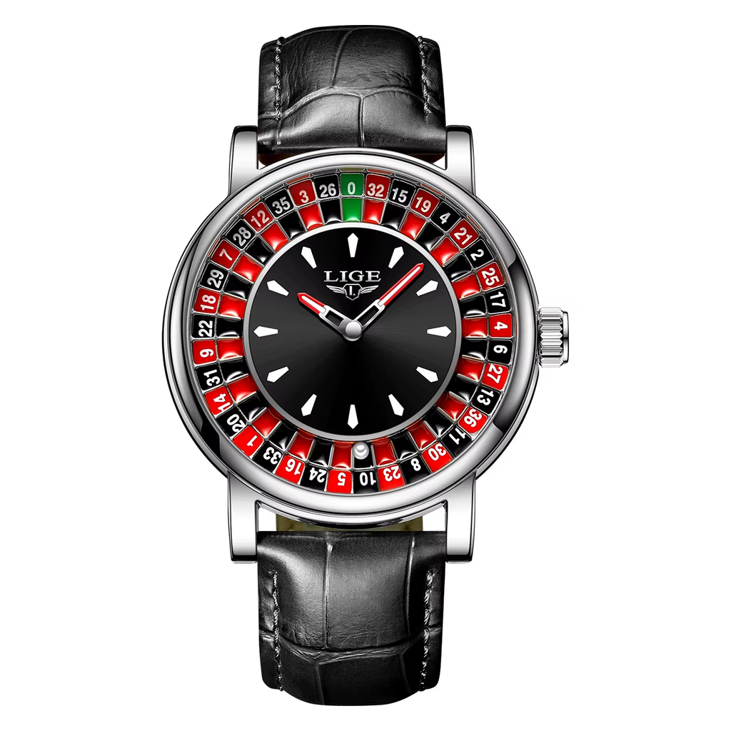 LIGE Fashion Brown Leather Men Watch Rotating Dial Las Vegas Roulette Desktop Theme Watch Men Waterproof Luminous Clock Watches